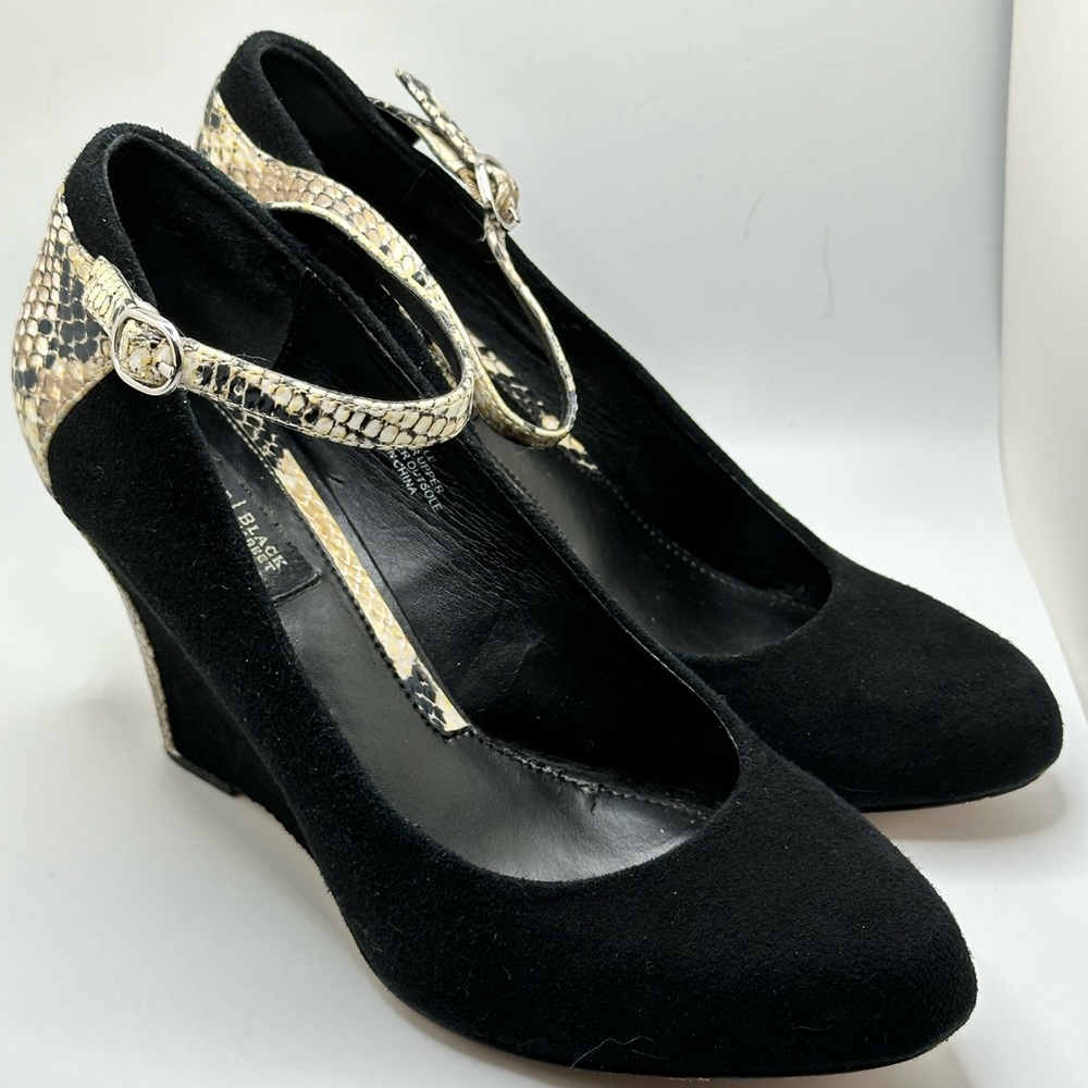 WHBM Black Suede Snake Print Wedges